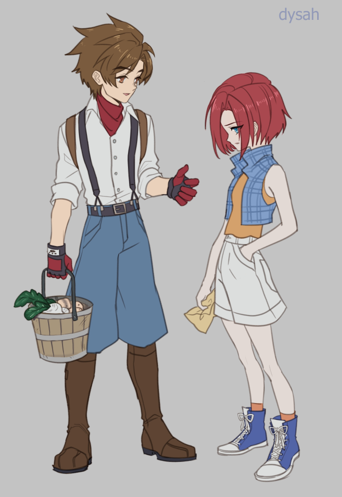 1boy, 1girl, artist_name, bare_shoulders, belt, belt_buckle, black_belt, blue_eyes