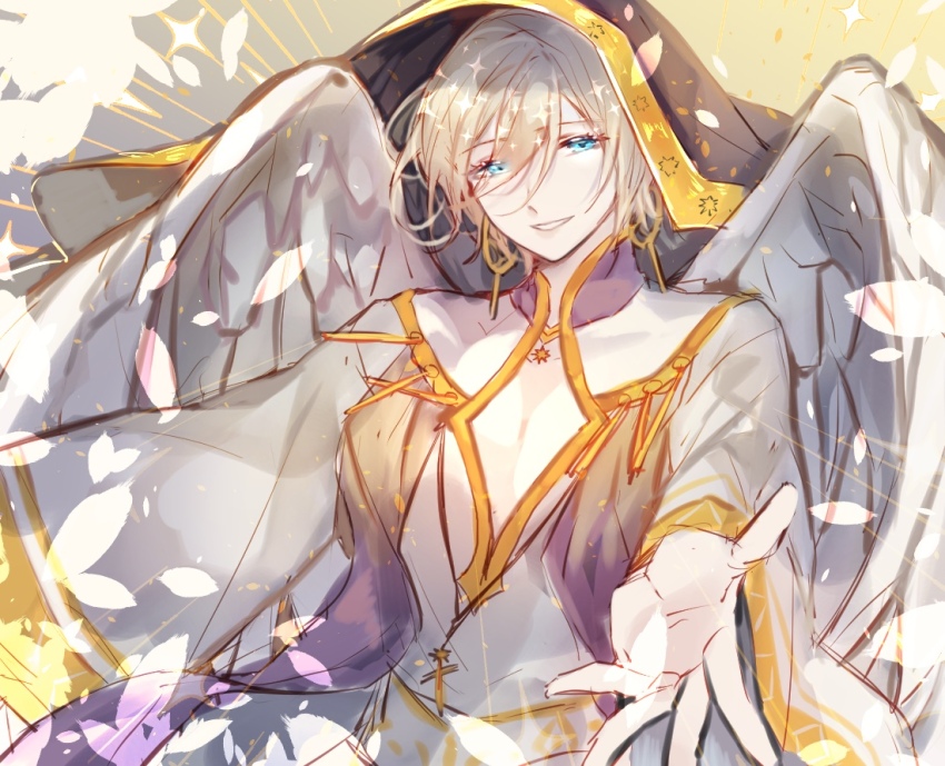 1boy, angel, angel_wings, black_cloak, blonde_hair, blue_eyes, cloak, cross