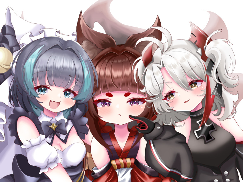 3girls, :d, :t, amagi-chan_(azur_lane), animal_ear_fluff, animal_ears, antenna_hair, azur_lane