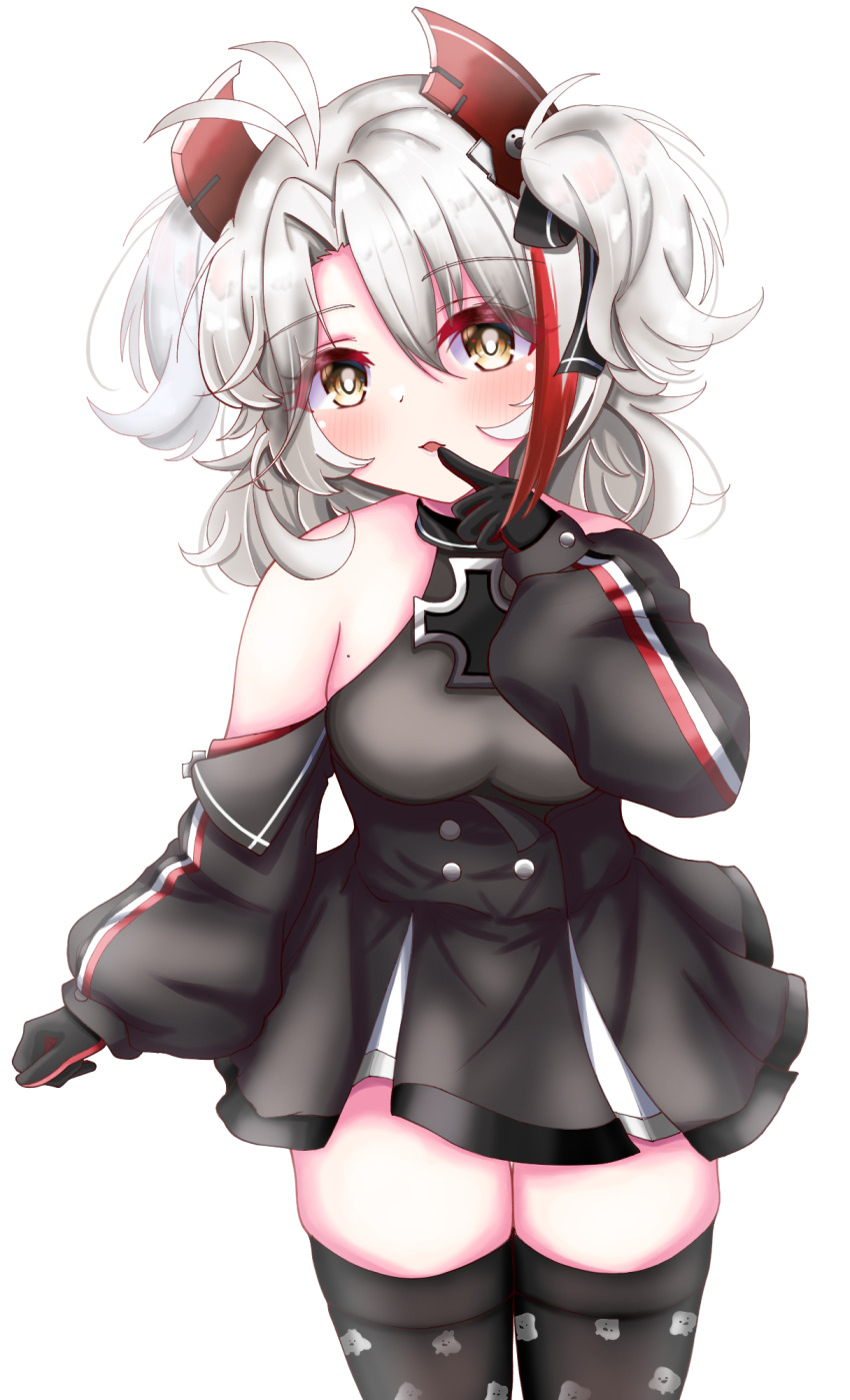 1girl, antenna_hair, azur_lane, black_dress, black_thighhighs, bow, commentary_request, cross