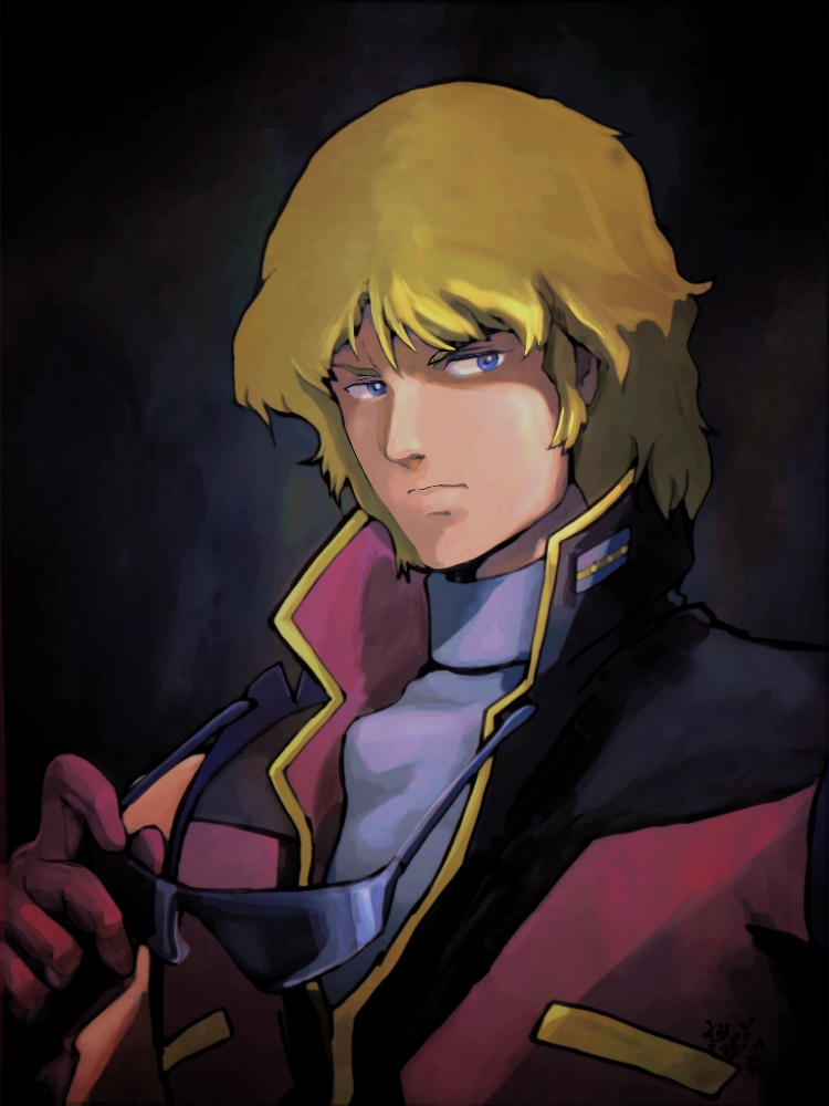 blonde_hair, blue_eyes, char_aznable, gundam, male_focus, moroboshi_danshaku, quattro_bajeena, solo