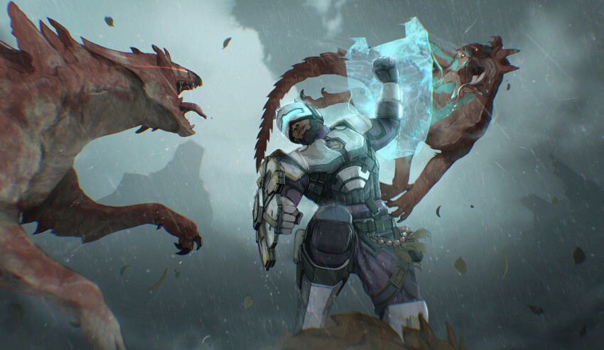 1boy, apex_legends, arm_shield, armor, assault_visor, beard, black_hair, bodysuit