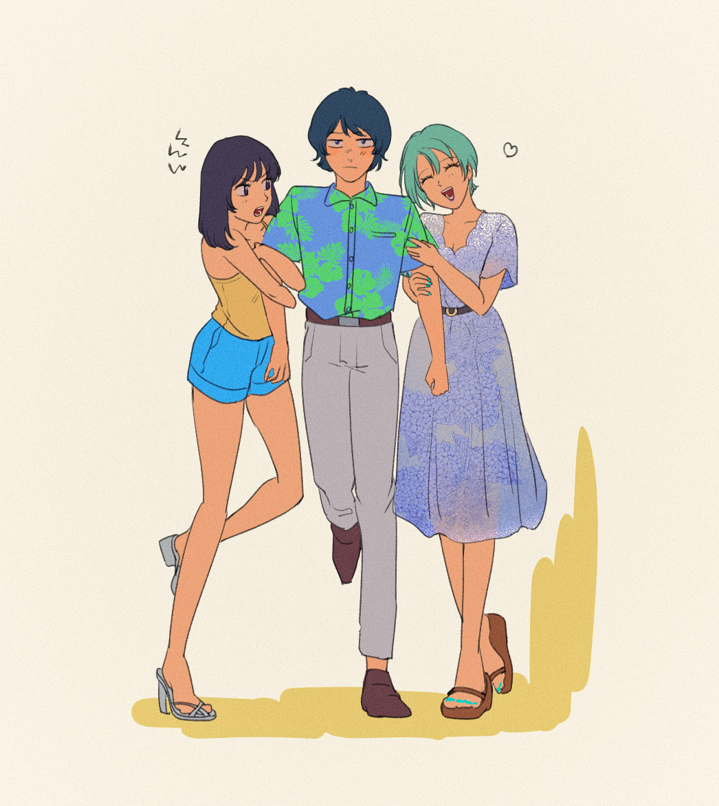 1boy, 2girls, black_hair, blue_hair, dress, fa_yuiry, four_murasame, green_eyes, gundam, hawaiian_shirt, kamille_bidan, multiple_girls, rib215tpj, sandals, shirt, shorts, zeta_gundam