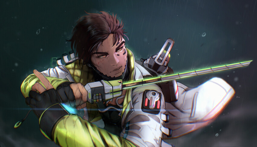 1boy, apex_legends, biwon_blade, black_gloves, blood, blood_on_face, brown_eyes, brown_hair