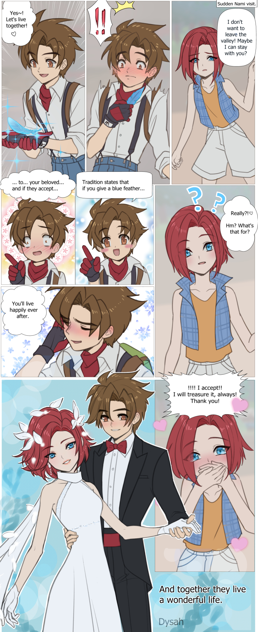 1boy, 1girl, ?, ??, absurdres, alternate_costume, artist_name, bare_shoulders, black_jacket, black_suit, blue_eyes, blue_feathers, blue_pants, blush, blush_stickers, bokujou_monogatari, bokujou_monogatari:_wonderful_life, bow, bowtie, bride, brown_eyes, brown_hair, buttons, closed_mouth, collarbone, comic, commentary, dress, dysah, earrings, english_commentary, english_text, feathers, formal_clothes, gloves, grin, groom, hair_ornament, heart, highres, holding, holding_hands, jacket, jewelry, lips, lipstick, long_sleeves, looking_at_another, looking_at_viewer, makeup, mark_(bokujou_monogatari), marriage_proposal, nami_(bokujou_monogatari), official_alternate_costume, open_clothes, open_jacket, open_mouth, pants, parted_bangs, pink_lips, red_bow, red_bowtie, red_hair, shirt, short_hair, shorts, sleeveless, sleeveless_dress, sleeves_rolled_up, smile, speech_bubble, suit, suspenders, tearing_up, wedding, wedding_dress, white_dress, white_gloves, white_shirt, white_shorts