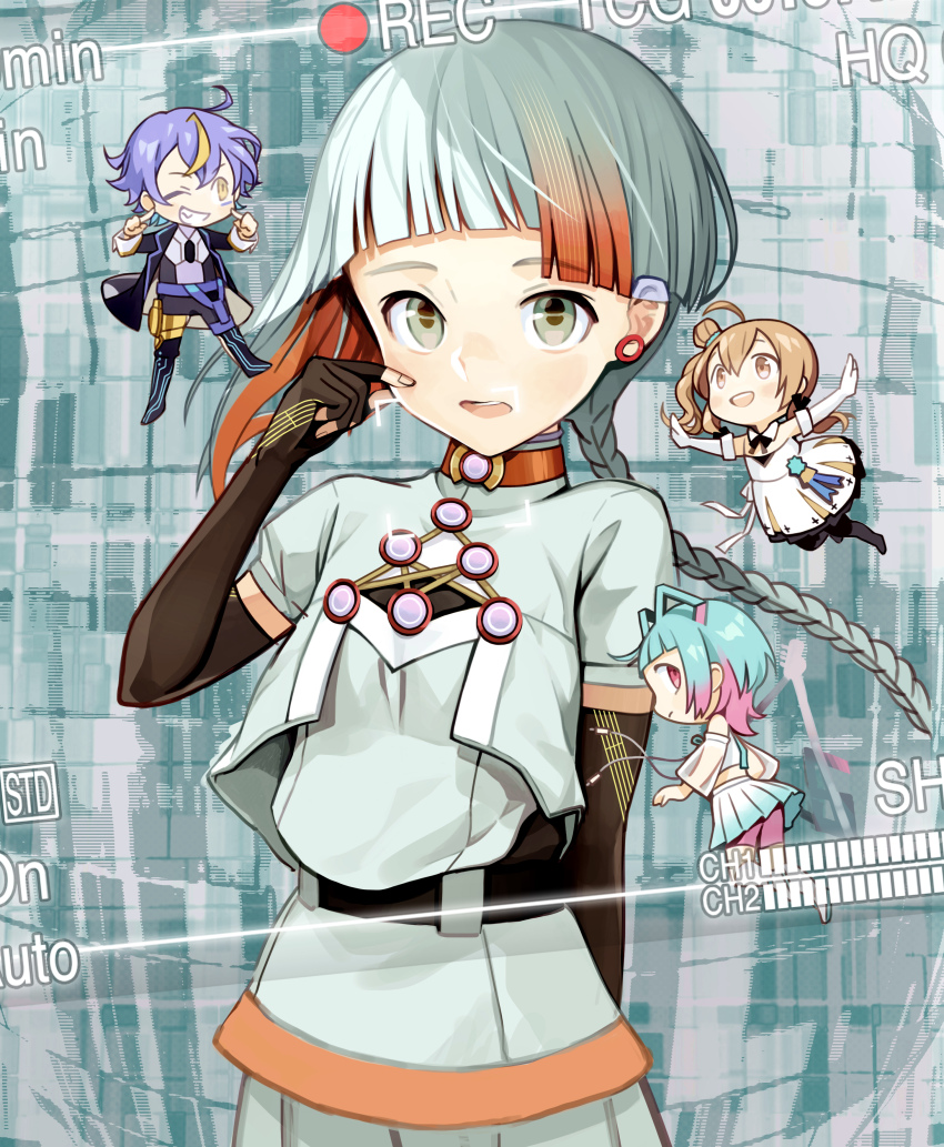 1boy, 3girls, absurdres, aisuu_(voisona), asymmetrical_legwear, belt, bike_shorts, bike_shorts_under_skirt