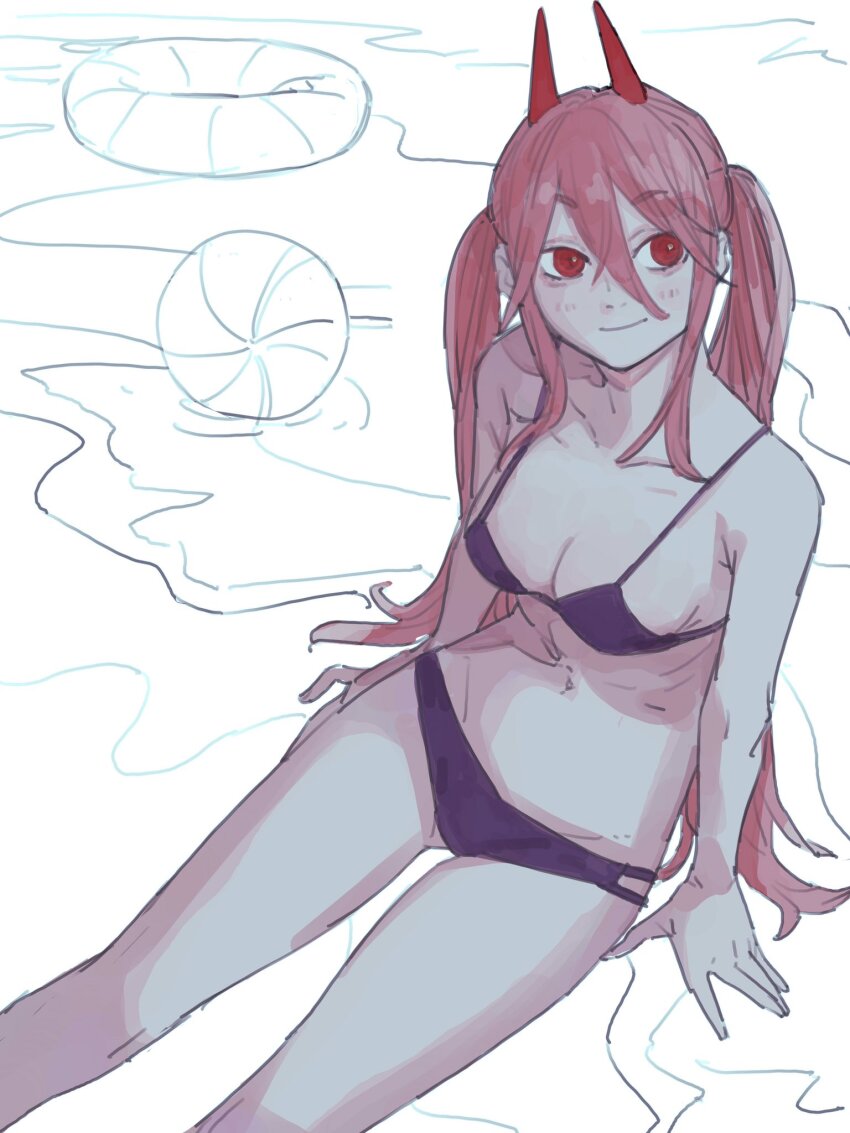 1girl, ball, beach, beachball, bikini, chainsaw_man, cross-shaped_pupils, hair_between_eyes, highres, horns, innertube, long_hair, looking_at_viewer, pecopecosupipi, pink_hair, power_(chainsaw_man), purple_bikini, red_eyes, red_horns, smile, solo, swim_ring, swimsuit, symbol-shaped_pupils, twintails