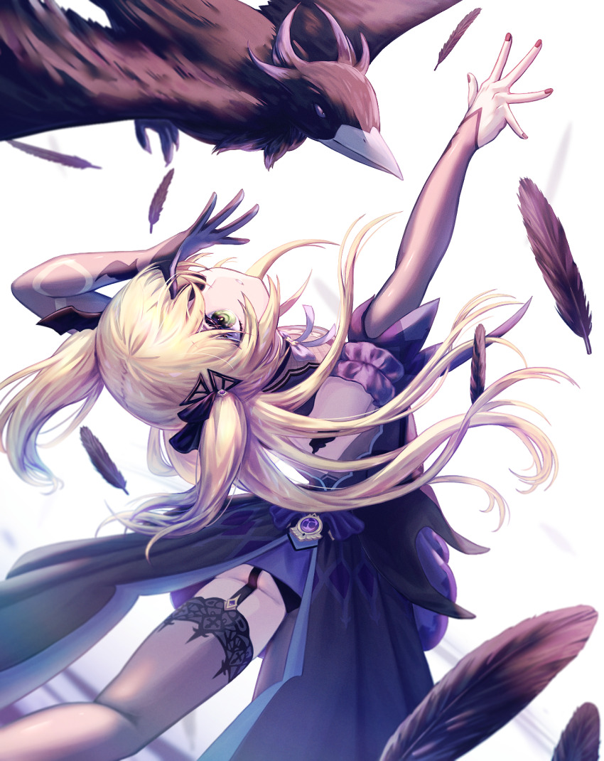 1girl, bare_shoulders, bat_ornament, bird, black_ribbon, blonde_hair, blush, bodystocking