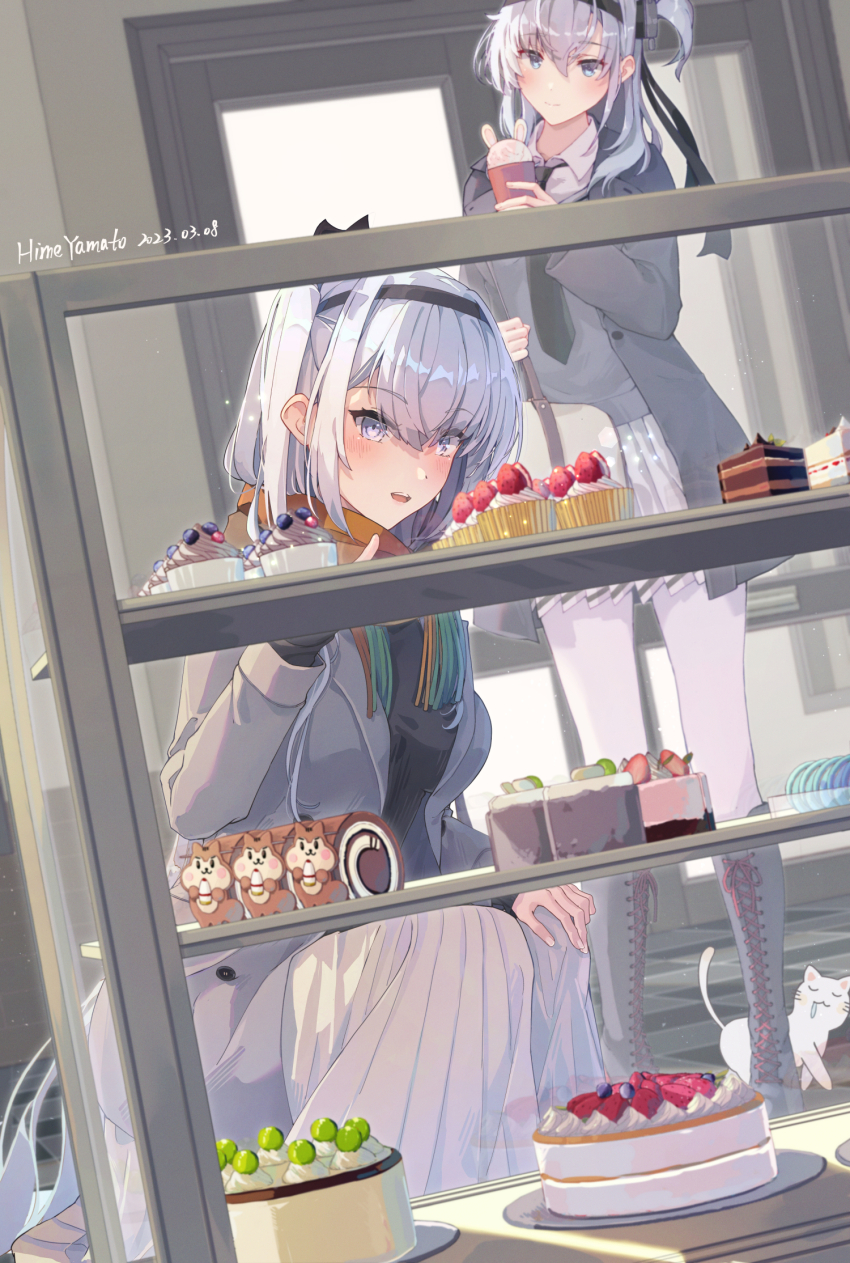 2girls, alternate_costume, artist_name, black_necktie, black_sweater, blush, boots, cake, cat, cup, cupcake, dated, dessert, display_case, food, food_request, fuyutsuki_(kancolle), fuyutsuki_(sasebo)_(kancolle), grey_eyes, grey_footwear, grey_hair, grey_jacket, grey_skirt, hachimaki, hair_between_eyes, hand_on_own_knee, headband, highres, himeyamato, holding, holding_cup, jacket, kantai_collection, knee_boots, long_hair, long_skirt, long_sleeves, multiple_girls, necktie, open_mouth, pantyhose, pleated_skirt, scarf, skirt, smile, squatting, suzutsuki_(kancolle), sweater, swiss_roll, very_long_hair, white_pantyhose