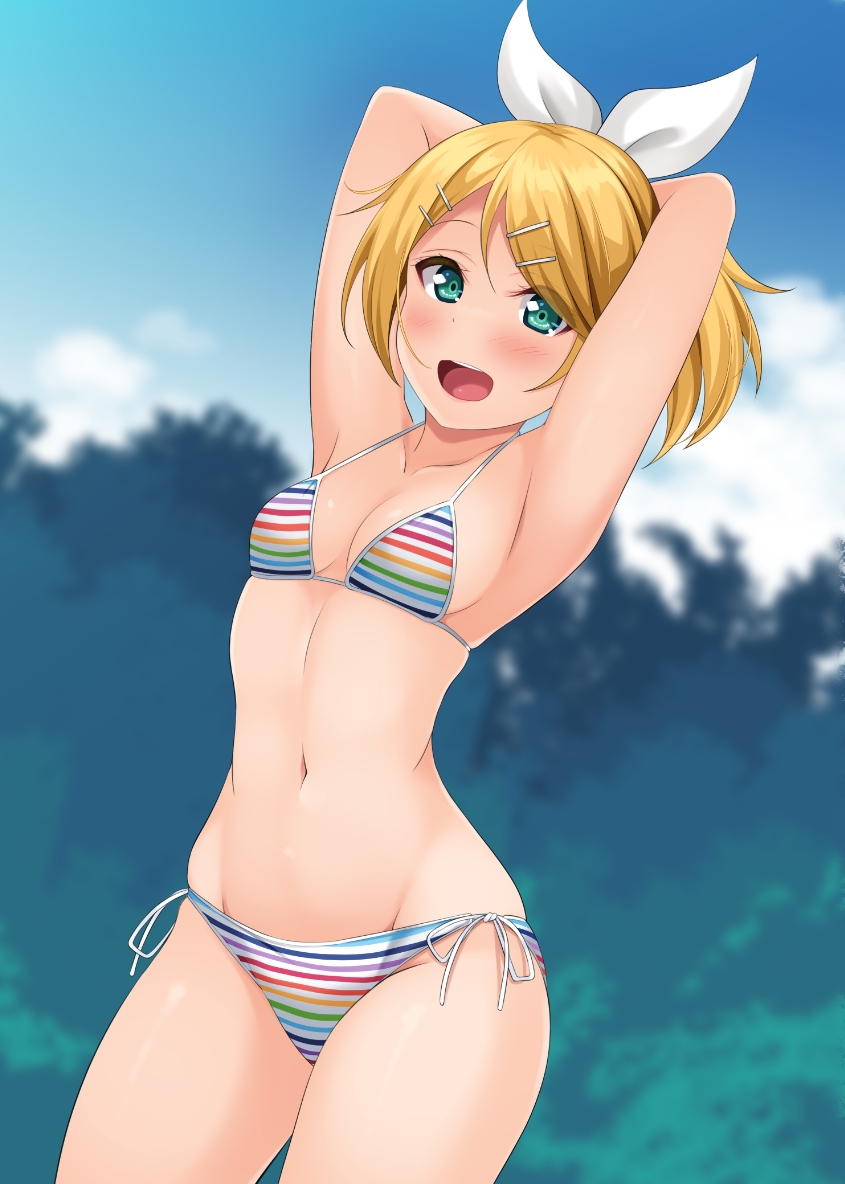 1girl, :d, armpits, arms_behind_head, arms_up, bikini, blonde_hair, blurry