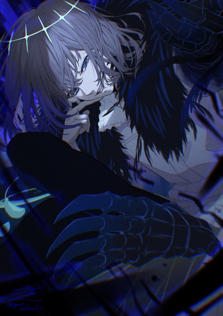 1boy, absurdres, barefoot, blue_eyes, claws, collared_shirt, crossed_legs, crown