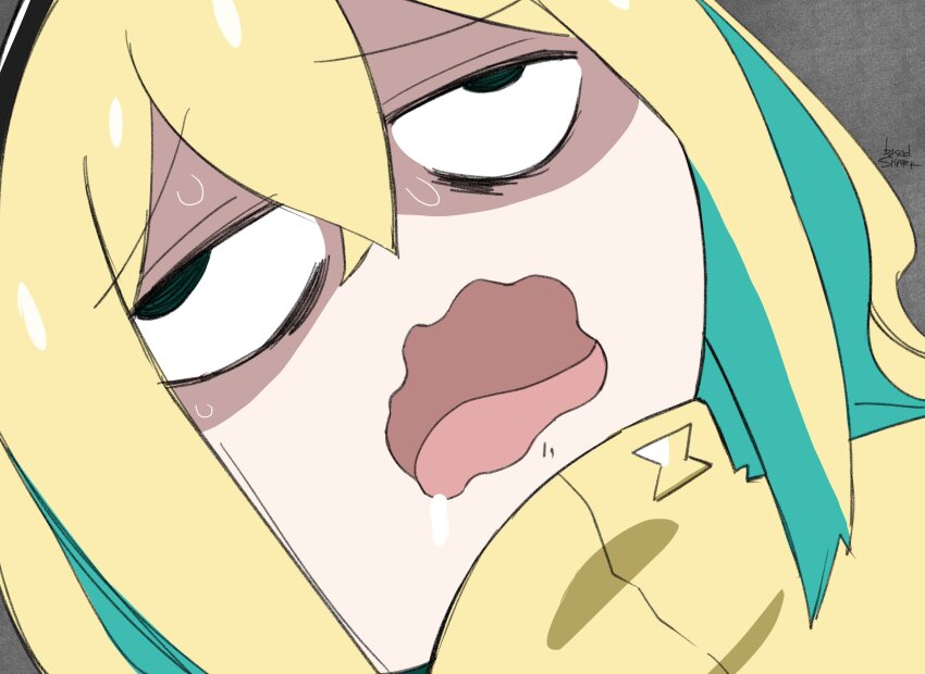 1girl, absurdres, amano_pikamee, aqua_hair, basedshark, blonde_hair, bocchi_the_rock!, dizzy, exasperation, gotoh_hitori, highres, hood, hoodie, multicolored_hair, on_ground, parody, rolling_eyes, shaded_face, style_parody, sweat, virtual_youtuber, voms, wavy_mouth, yellow_hoodie