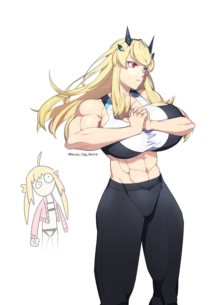 2girls, abs, absurdres, artoria_caster_(counter_stretch)_(fate), artoria_caster_(fate), artoria_pendragon_(fate), bare_shoulders, barghest_(fate), black_pants, blonde_hair, breasts, collarbone, fate/grand_order, fate_(series), green_eyes, heterochromia, highres, horns, house_tag_denim, huge_breasts, long_hair, multiple_girls, muscular, muscular_female, navel, pants, red_eyes, sports_bra, thighs, toned, white_sports_bra, yoga_pants