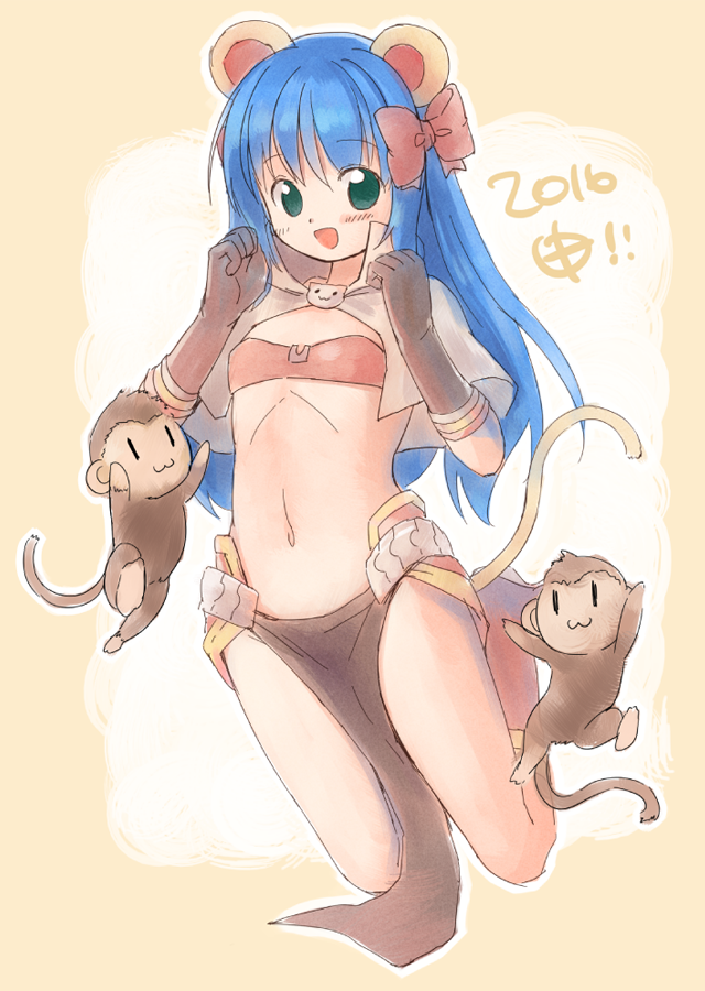 1girl, 2016, :3, animal_ears, bikini, bikini_top_only, blue_hair, blush