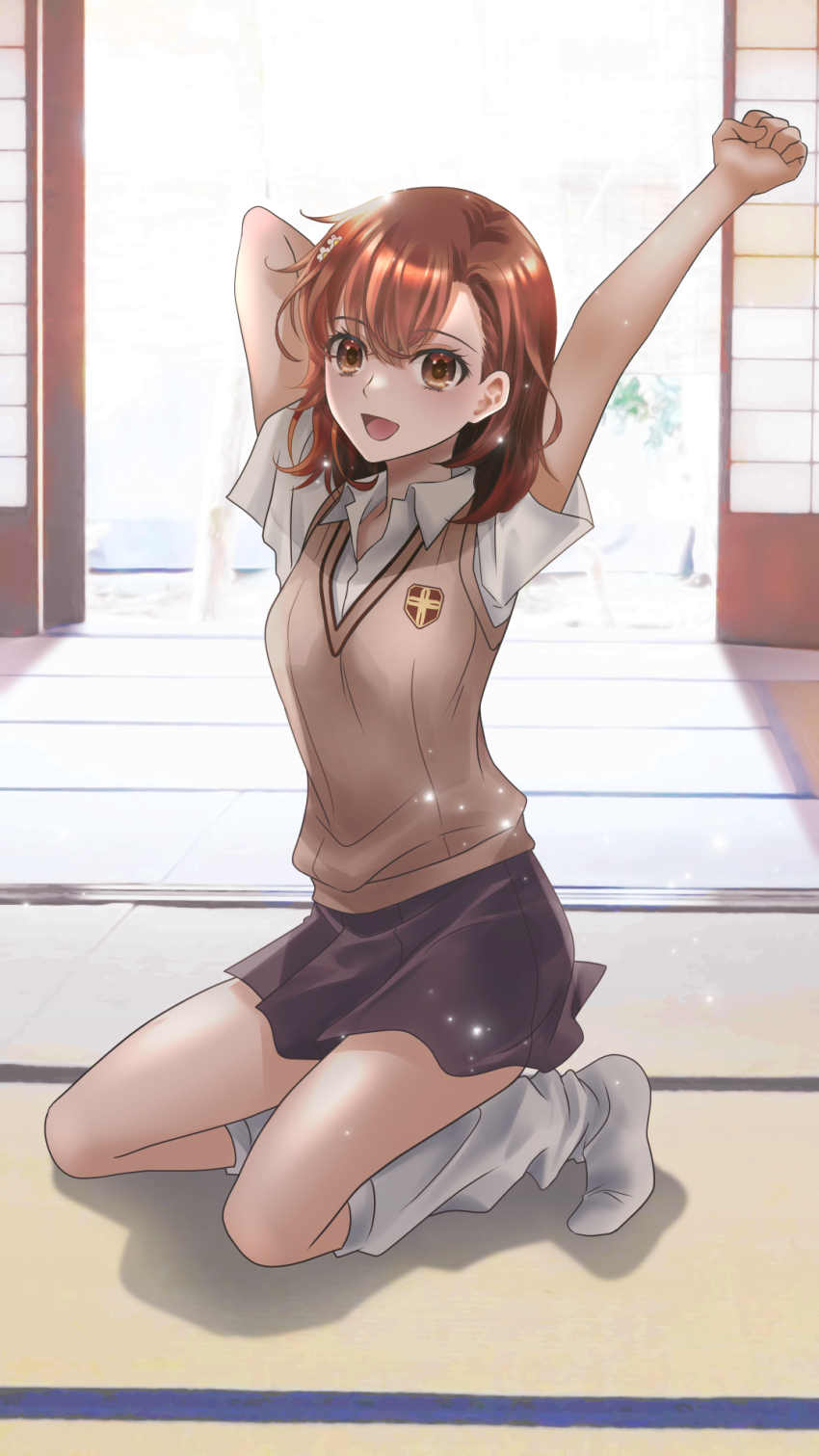 1girl, 2023, 20s, :d, arms_up, asymmetrical_bangs, backlighting, black_skirt