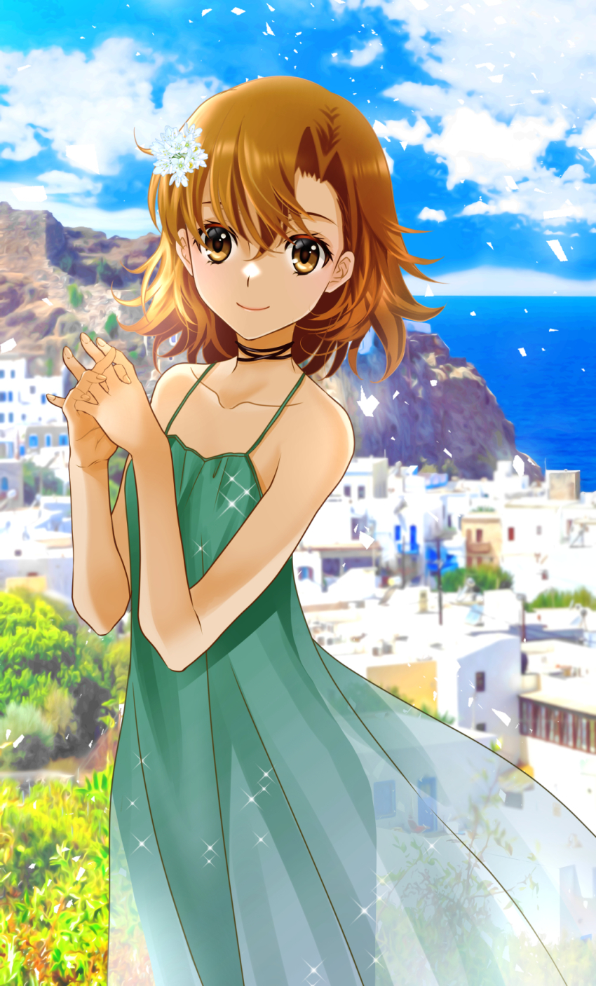 1girl, alternate_costume, asymmetrical_bangs, bare_arms, black_choker, blue_sky, breasts, brown_eyes, brown_hair, choker, cityscape, closed_mouth, cloud, collarbone, commentary_request, dress, flower, green_dress, hair_flower, hair_ornament, highres, interlocked_fingers, looking_at_viewer, misaka_mikoto, ocean, outdoors, own_hands_together, see-through_clothes, see-through_dress, sky, small_breasts, smile, solo, tacchin_ichi-gou, toaru_kagaku_no_railgun, toaru_majutsu_no_index, white_flower