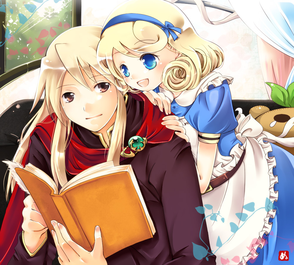 atlus, bad_id, bad_pixiv_id, blonde_hair, blue_eyes, book, brown_eyes, cinu