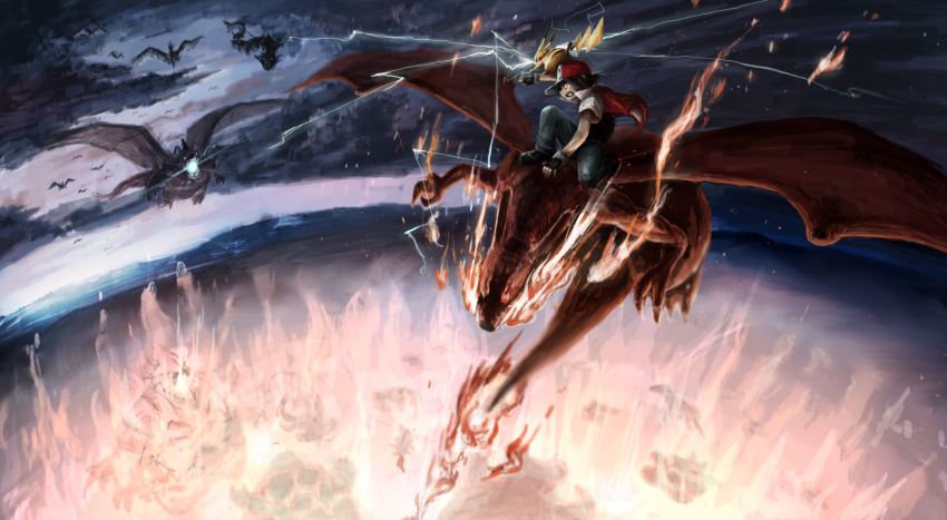 1boy, aerial_battle, aerodactyl, baseball_cap, battle, black_hair, charizard, cloud
