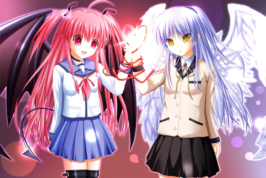 10s, 2girls, ahoge, angel_beats!, bad_id, bad_pixiv_id, bat_wings, blazer, blue_hair, demon_tail, demon_wings, eri_(run), eryrun, fangs, feathers, half_updo, heart, highres, jacket, long_hair, multiple_girls, pink_eyes, pink_hair, pleated_skirt, school_uniform, serafuku, skirt, tail, tenshi_(angel_beats!), thighhighs, twintails, two_side_up, very_long_hair, wings, yellow_eyes, yui_(angel_beats!), zettai_ryouiki