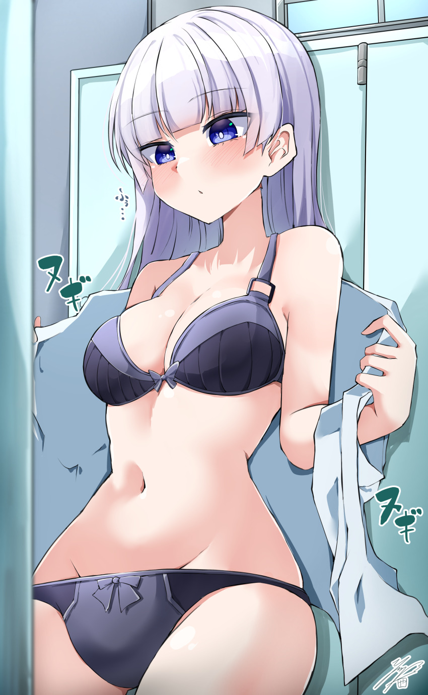 1girl, absurdres, artist_name, bare_shoulders, black_bow, black_bra, black_panties, blue_eyes