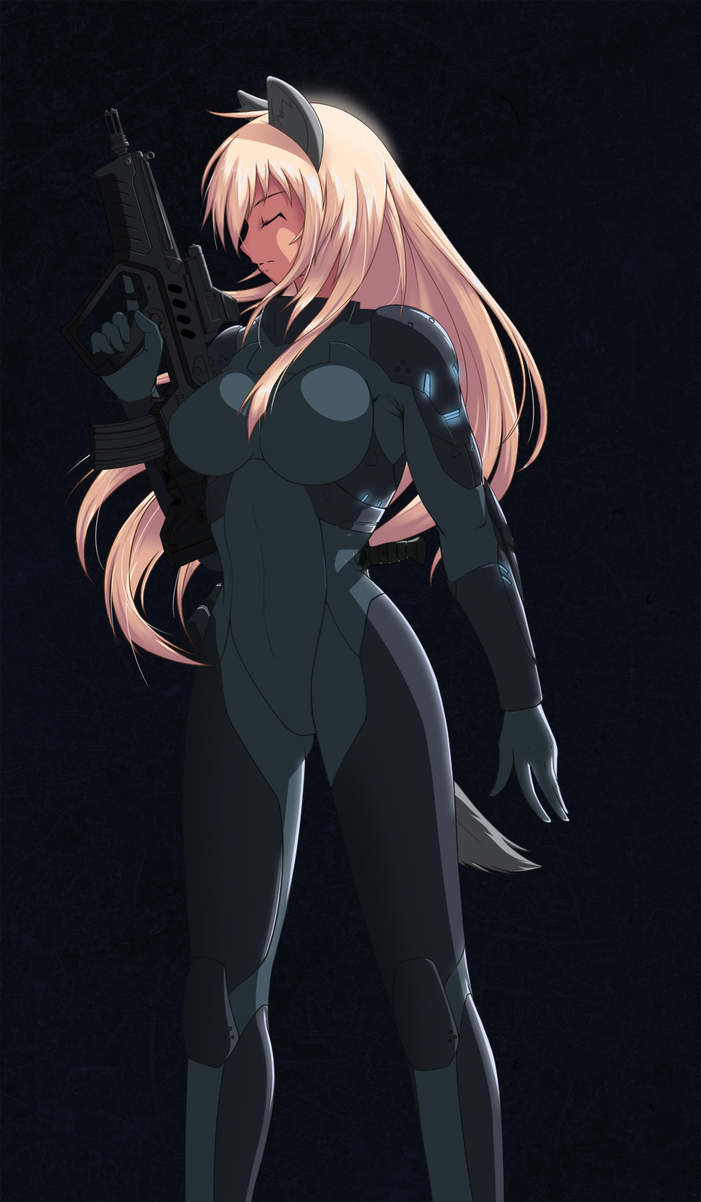 1girl, animal_ears, armor, assault_rifle, blonde_hair, bodysuit, breasts, bullpup, closed_eyes, dark, dark-skinned_female, dark_skin, female_focus, foxhound220, gun, highres, iwi_tavor, large_breasts, legs, long_hair, long_legs, original, rifle, skin_tight, solo, tail, tavor_tar-21, thighs, trigger_discipline, weapon, wolf, wolf_ears, wolf_tail