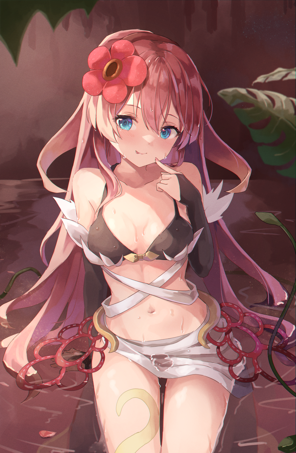 1girl, blue_eyes, bra, breasts, bridal_gauntlets, cleavage, duel_monster, finger_to_mouth, flower, hair_flower, hair_ornament, highres, leaf, licking_lips, long_hair, medium_breasts, navel, pink_hair, rafflesia_(flower), sitting, solo, stomach, tongue, tongue_out, traptrix_rafflesia, unagishirou, underwear, wet, yu-gi-oh!