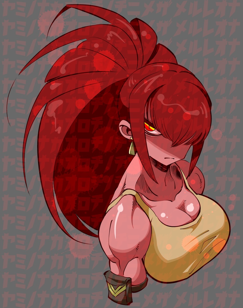 1girl, absurdres, ahiru_7, armlet, bare_shoulders, blood, blood_splatter, breasts, dark_persona, earrings, hair_over_one_eye, highres, jewelry, large_breasts, leona_heidern, orochi_leona, ponytail, red_eyes, red_hair, sleeveless, solo, tank_top, the_king_of_fighters, the_king_of_fighters_xv, toned, triangle_earrings, wall_of_text, yellow_tank_top