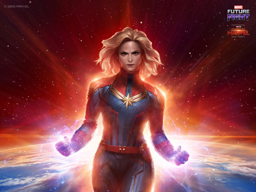 1girl, blonde_hair, bodysuit, captain_marvel_(marvel), captain_marvel_(movie), earth_(planet), english_text, fingerless_gloves