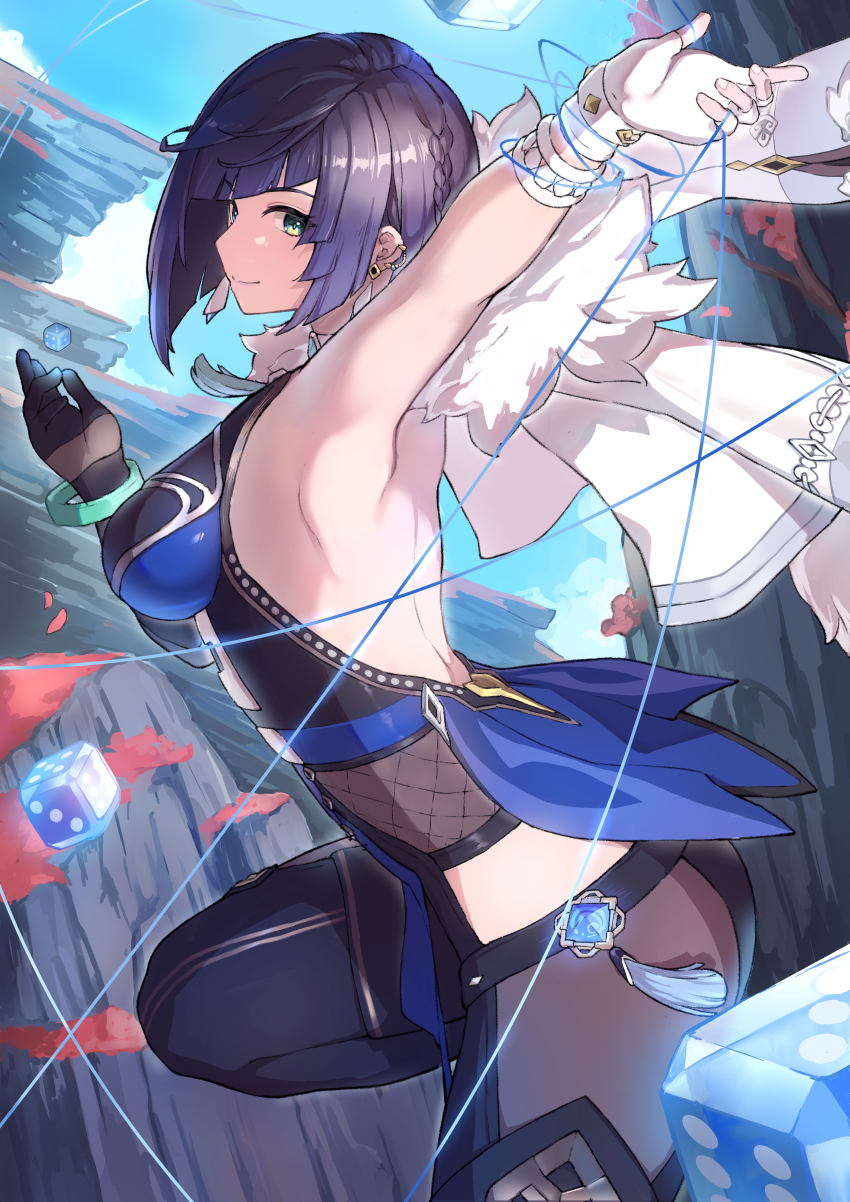 1girl, absurdres, aqua_eyes, arm_up, armpits, asymmetrical_gloves, backless_outfit, black_gloves, blue_hair, braid, breasts, closed_mouth, clothing_cutout, coat, commentary_request, dark_blue_hair, diagonal_bangs, dice, f.sakuma, fingerless_gloves, fur_coat, genshin_impact, gloves, highres, hip_vent, medium_breasts, short_hair, smile, solo, string, vision_(genshin_impact), white_coat, white_gloves, yelan_(genshin_impact)