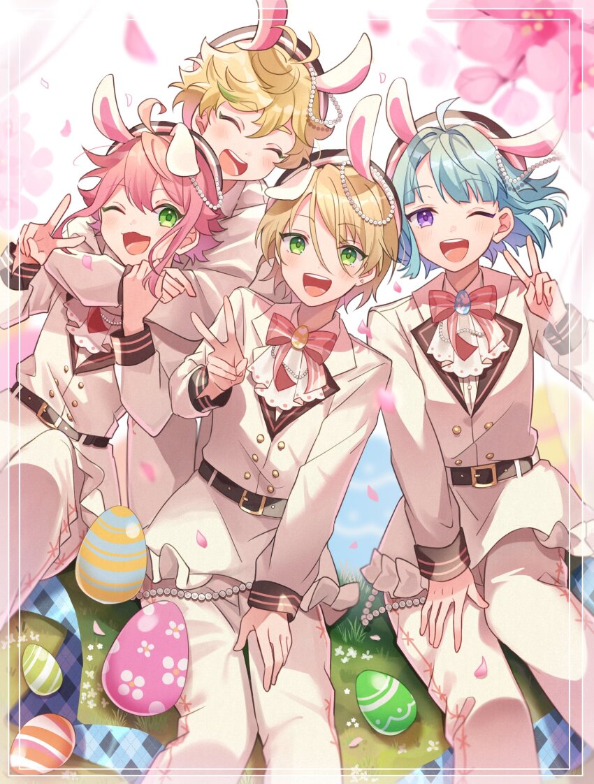 4boys, :d, ;3, ;d, ^_^, absurdres, ahoge, animal_ears, antenna_hair, beads, belt, belt_buckle, black_belt, black_headwear, blonde_hair, blue_hair, blush, bow, bowtie, branch, branco_(ensemble_stars!), buckle, buttons, cherry_blossoms, closed_eyes, commentary, double-breasted, easter, easter_egg, egg, english_commentary, ensemble_stars!, floating_hair, flower, framed, grass, green_eyes, green_hair, hair_between_eyes, hair_intakes, hand_up, harukawa_sora, hat, highres, himemiya_tori, hug, hug_from_behind, jacket, kneeling, long_sleeves, looking_at_viewer, male_focus, multicolored_hair, multiple_boys, one_eye_closed, open_mouth, pants, parted_bangs, petals, pink_bow, pink_bowtie, pink_flower, pink_hair, purple_eyes, rabbit_ears, shino_(sinotaro_), shino_hajime, shiratori_aira_(ensemble_stars!), short_hair, sitting, smile, striped_bow, striped_bowtie, striped_clothes, teeth, tongue, v, white_flower, white_jacket, white_pants