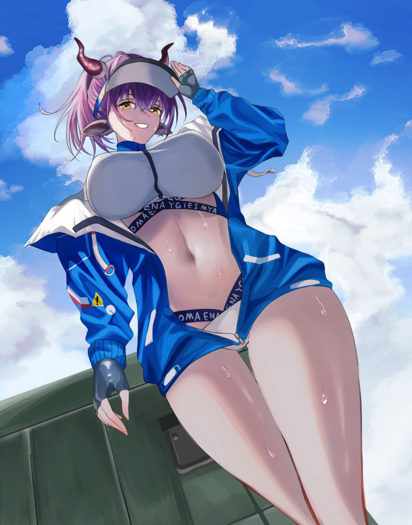 1girl, animal_ears, arknights, bikini, blue_jacket, blue_sky, cloud, commentary