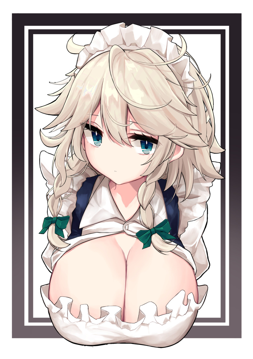 1girl, absurdres, alternate_breast_size_(larger), blue_eyes, braid, breasts, cleavage, closed_mouth