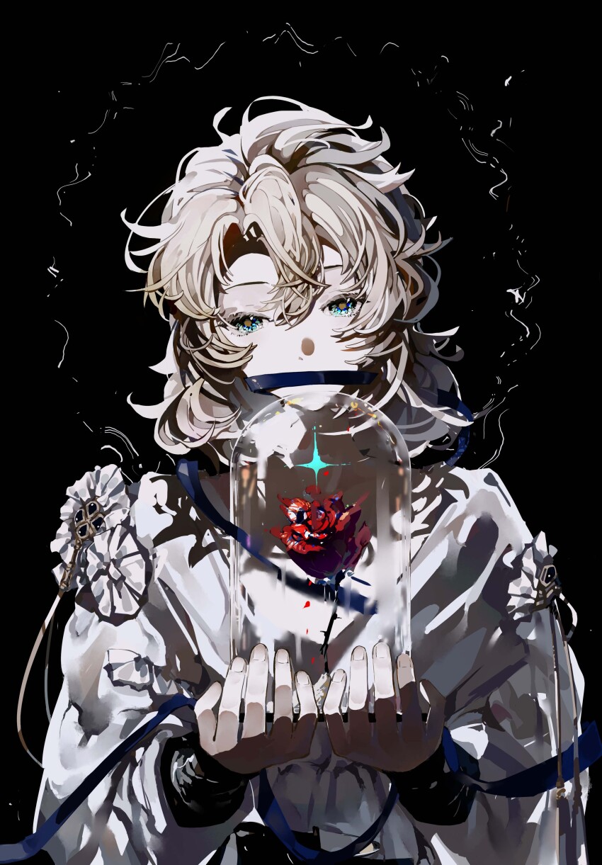 1boy, absurdres, albedo_(genshin_impact), ateveryone, black_hair, blonde_hair, blue_eyes, blue_ribbon, covered_mouth, facing_viewer, flower, formal_clothes, genshin_impact, highres, holding, holding_jar, jar, long_sleeves, male_focus, ribbon, rose, shirt, short_hair, solo, white_shirt