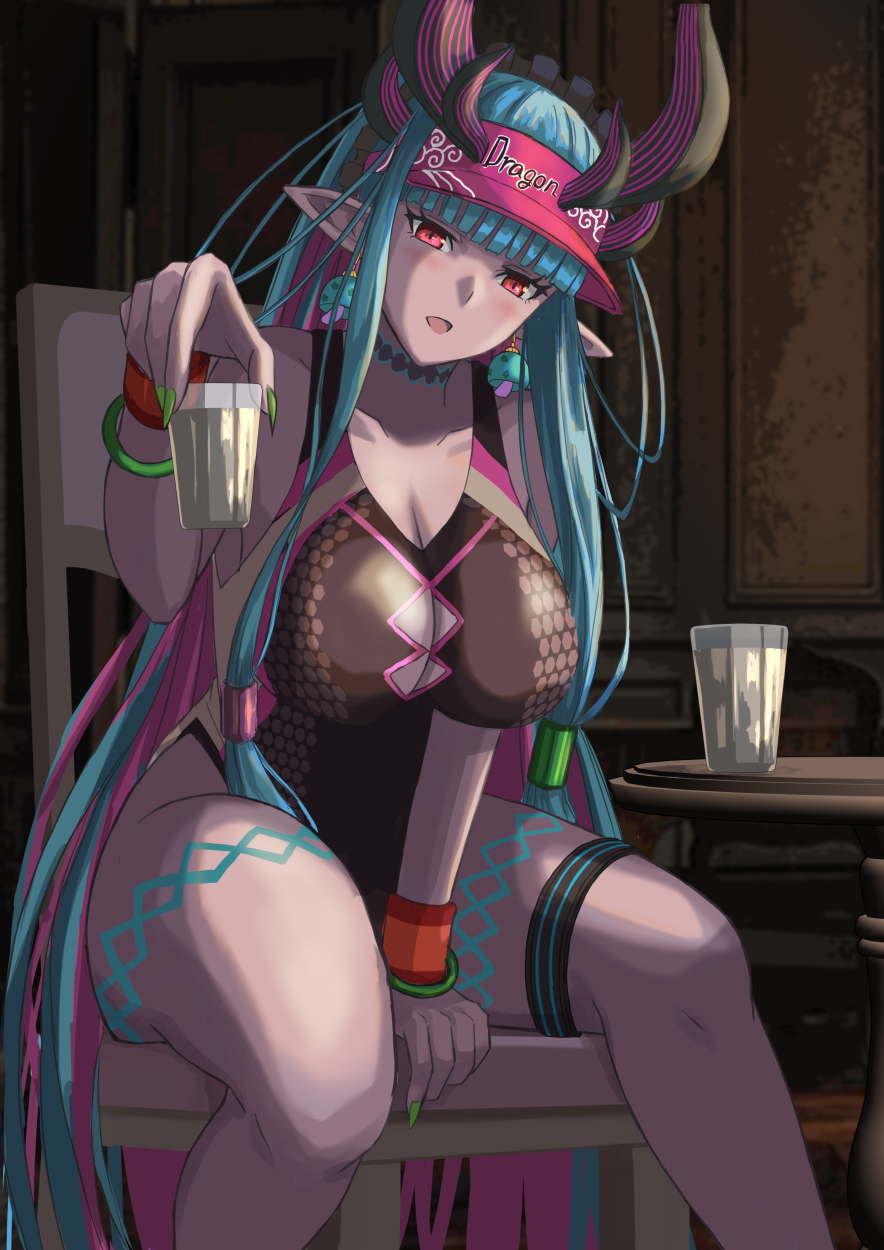 1girl, bare_shoulders, black_one-piece_swimsuit, blue_hair, blush, body_markings, breasts, chair, choker, cleavage, collarbone, colored_skin, covered_navel, cup, earrings, fate/grand_order, fate_(series), fingernails, grey_skin, hat, highleg, highleg_one-piece_swimsuit, highres, horns, ibuki_douji_(fate), ibuki_douji_(swimsuit_berserker)_(fate), ibuki_douji_(swimsuit_berserker)_(first_ascension)_(fate), jewelry, ksfactory, large_breasts, long_fingernails, long_hair, looking_at_viewer, multicolored_hair, nail_polish, on_chair, one-piece_swimsuit, oni, oni_horns, open_mouth, pink_hair, pink_hat, pink_one-piece_swimsuit, pointy_ears, ponytail, red_eyes, sidelocks, sitting, smile, solo, swimsuit, table, tail, thigh_strap, thighs, two-tone_swimsuit, very_long_hair, visor_cap, wide_hips