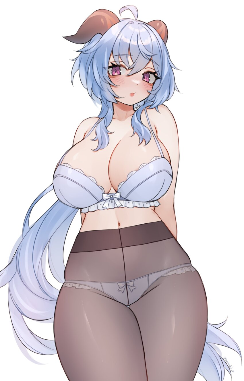 1girl, absurdres, ahoge, arms_behind_back, blue_bra, blue_hair, bow, bow_panties
