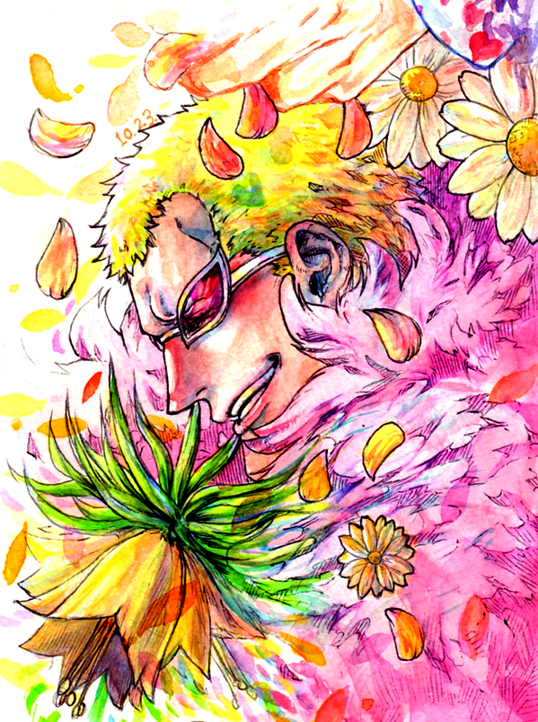 1boy, blonde_hair, closed_eyes, coat, daisy_(flower), donquixote_doflamingo, eyes_visible_through_eyewear, falling_petals