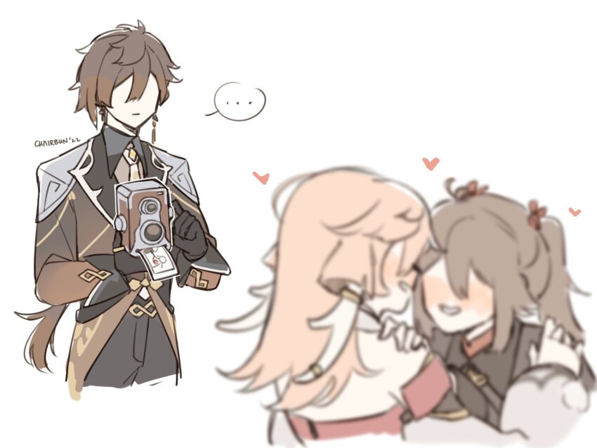 1boy, 2girls, antlers, blush, brown_hair, camera, chair_bun, genshin_impact