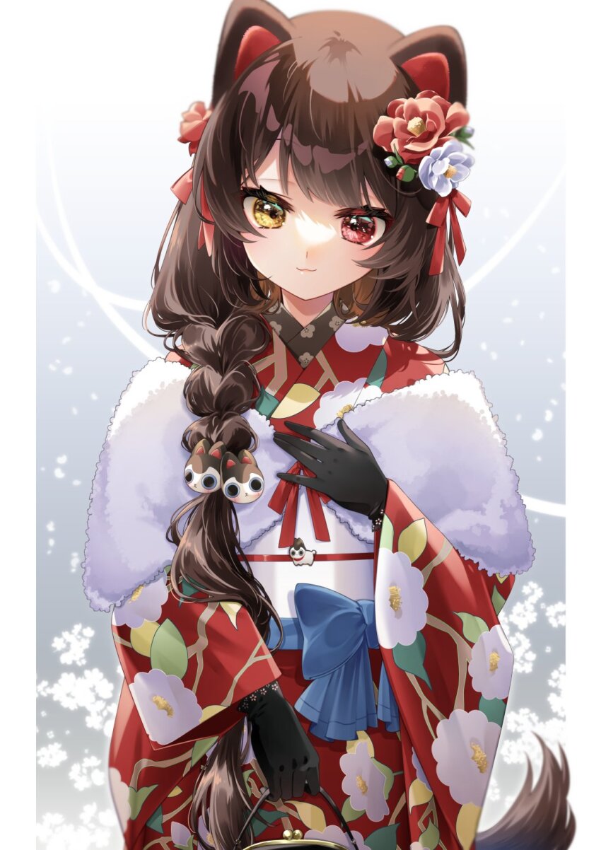 1girl, animal_ears, bag, black_bag, black_gloves, blunt_bangs, border, braid