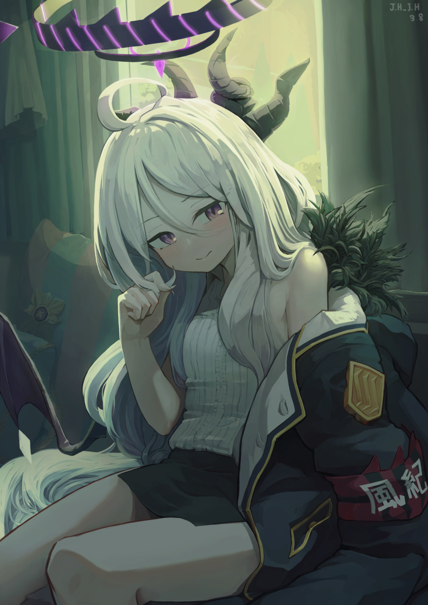 1girl, ahoge, armband, backlighting, blue_archive, blurry, coat, coat_on_shoulders