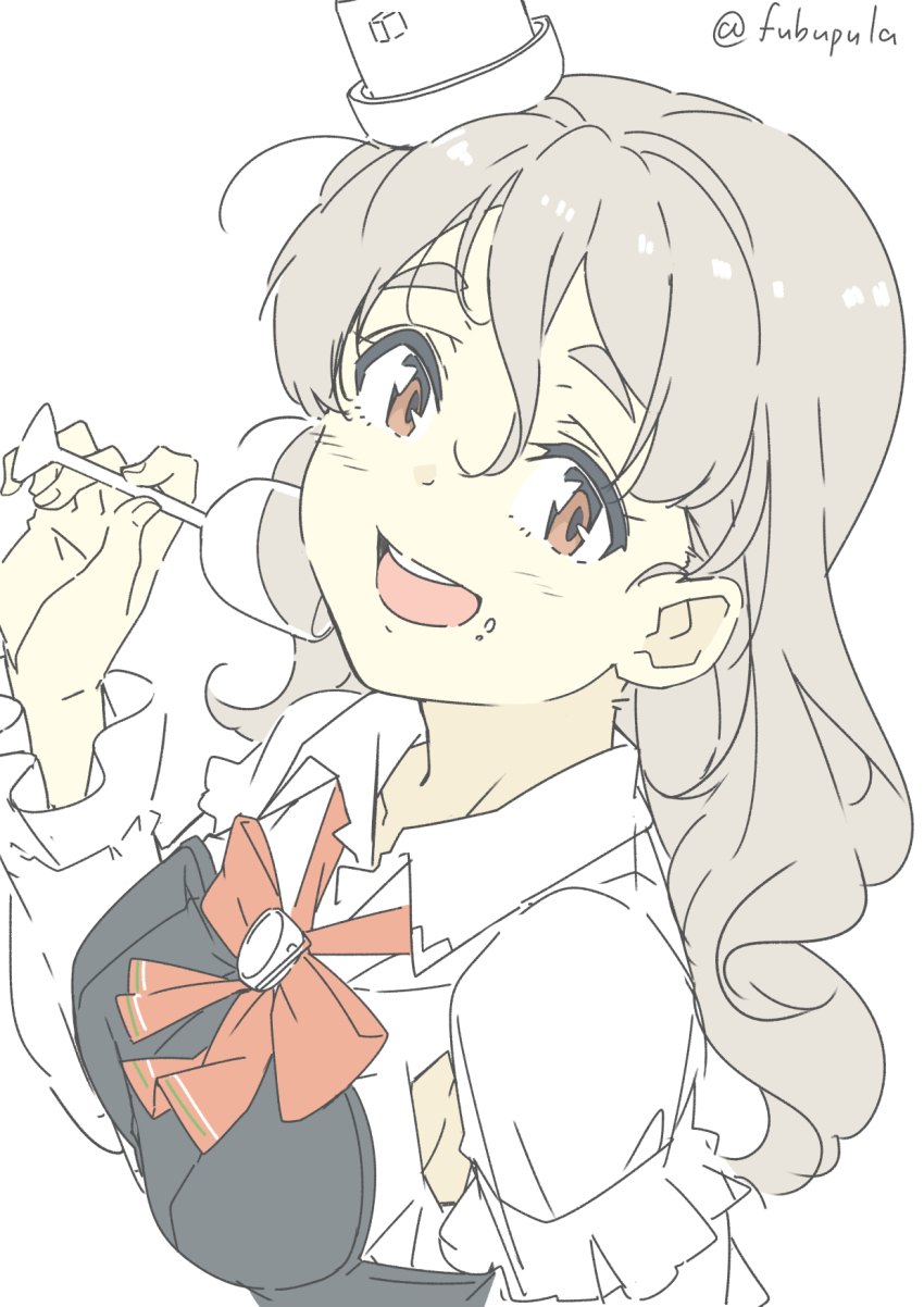 1girl, bodice, bow, bowtie, brown_eyes, cup, drinking_glass, fubupula