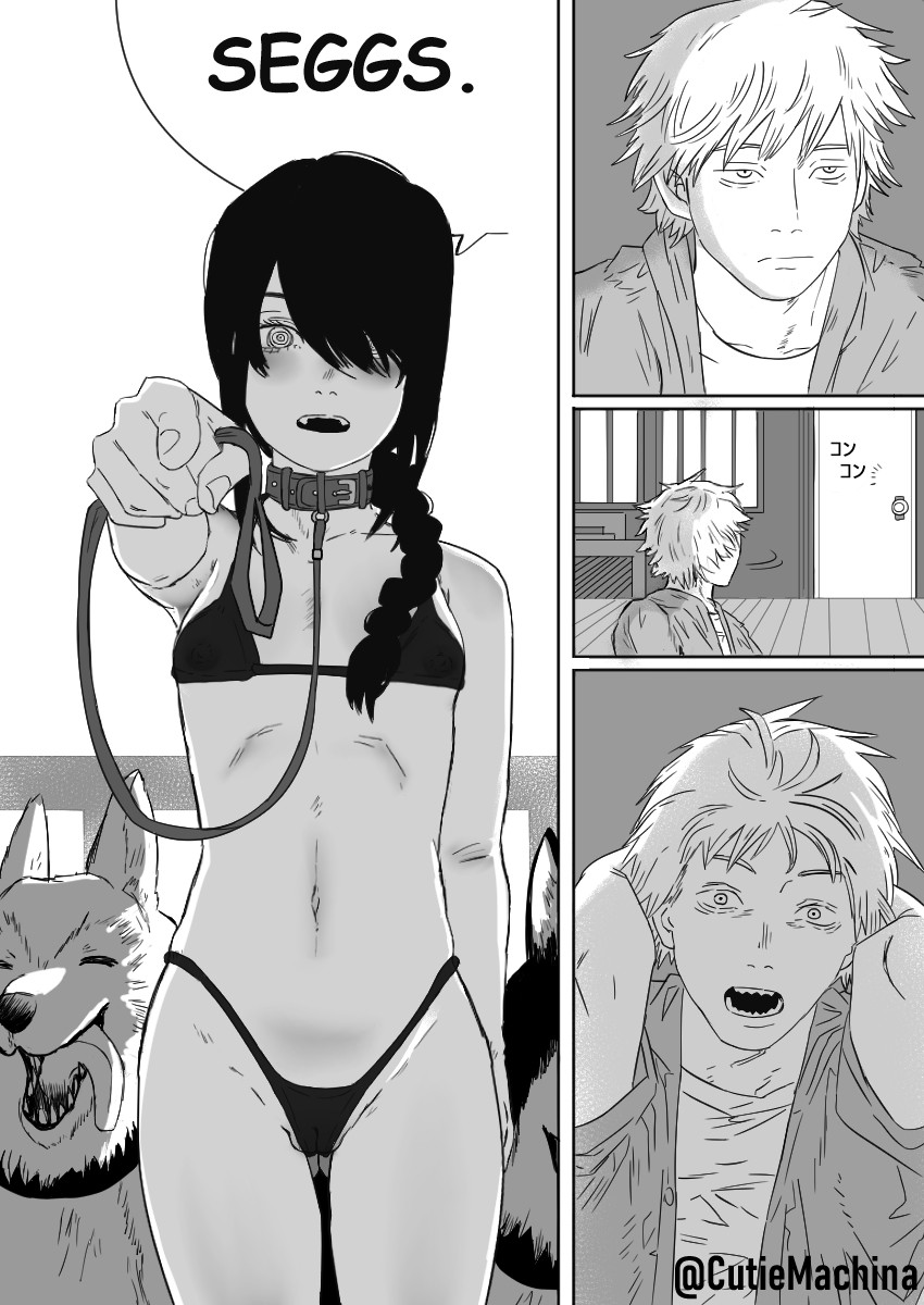 1boy, 1girl, bdsm, bikini, black_bikini, black_hair, blonde_hair, braid