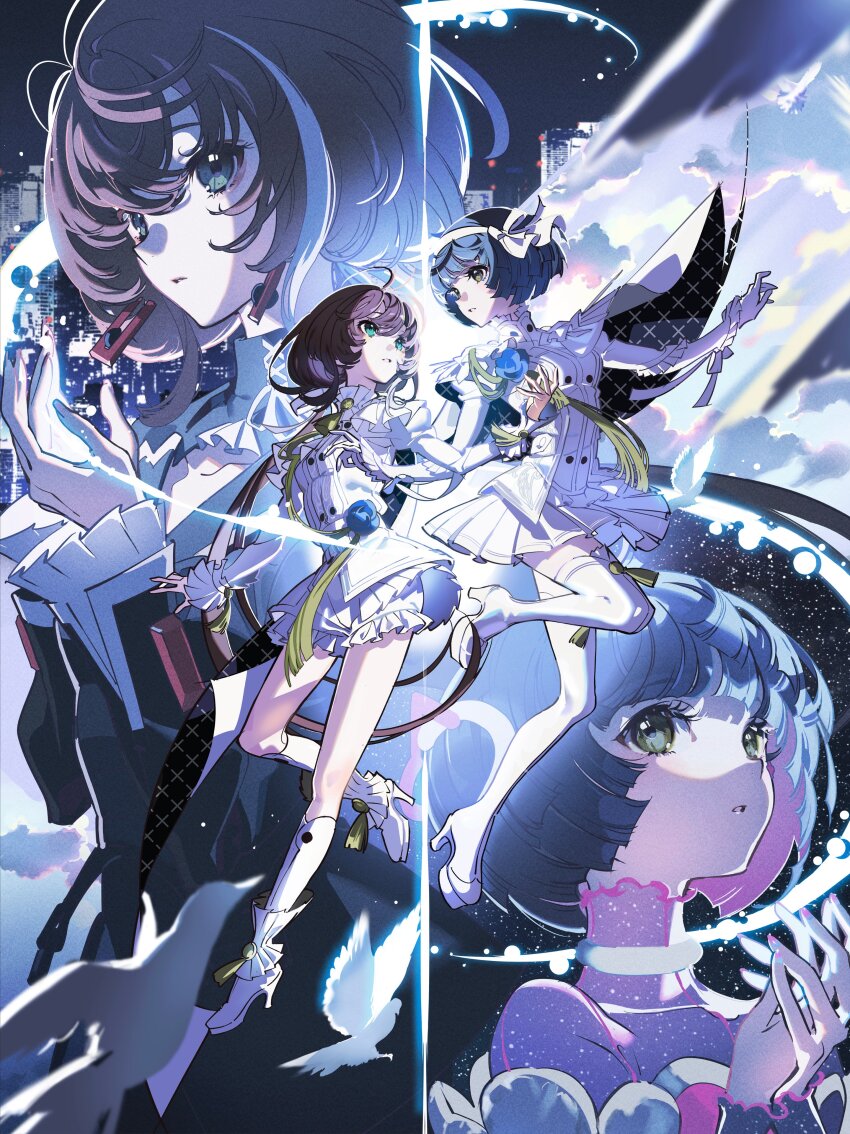 2girls, absurdres, ahoge, aqua_eyes, aru_(sinsekai), asu_(sinsekai), bird, bloomers