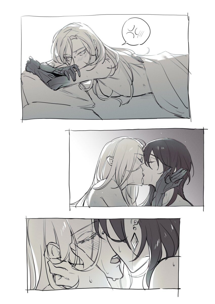 2girls, absurdres, blush, breasts, chief_(path_to_nowhere), closed_eyes, commentary_request, earrings