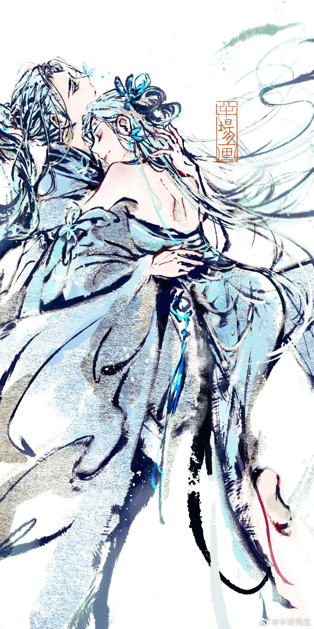 1boy, 1girl, backless_dress, backless_outfit, banchang_xiansheng, bare_shoulders, barefoot, blue_dress