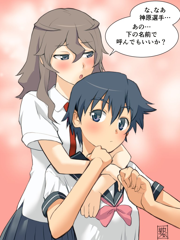 :<, :o, aged_down, arms_around_neck, black_eyes, black_hair, black_skirt, blush