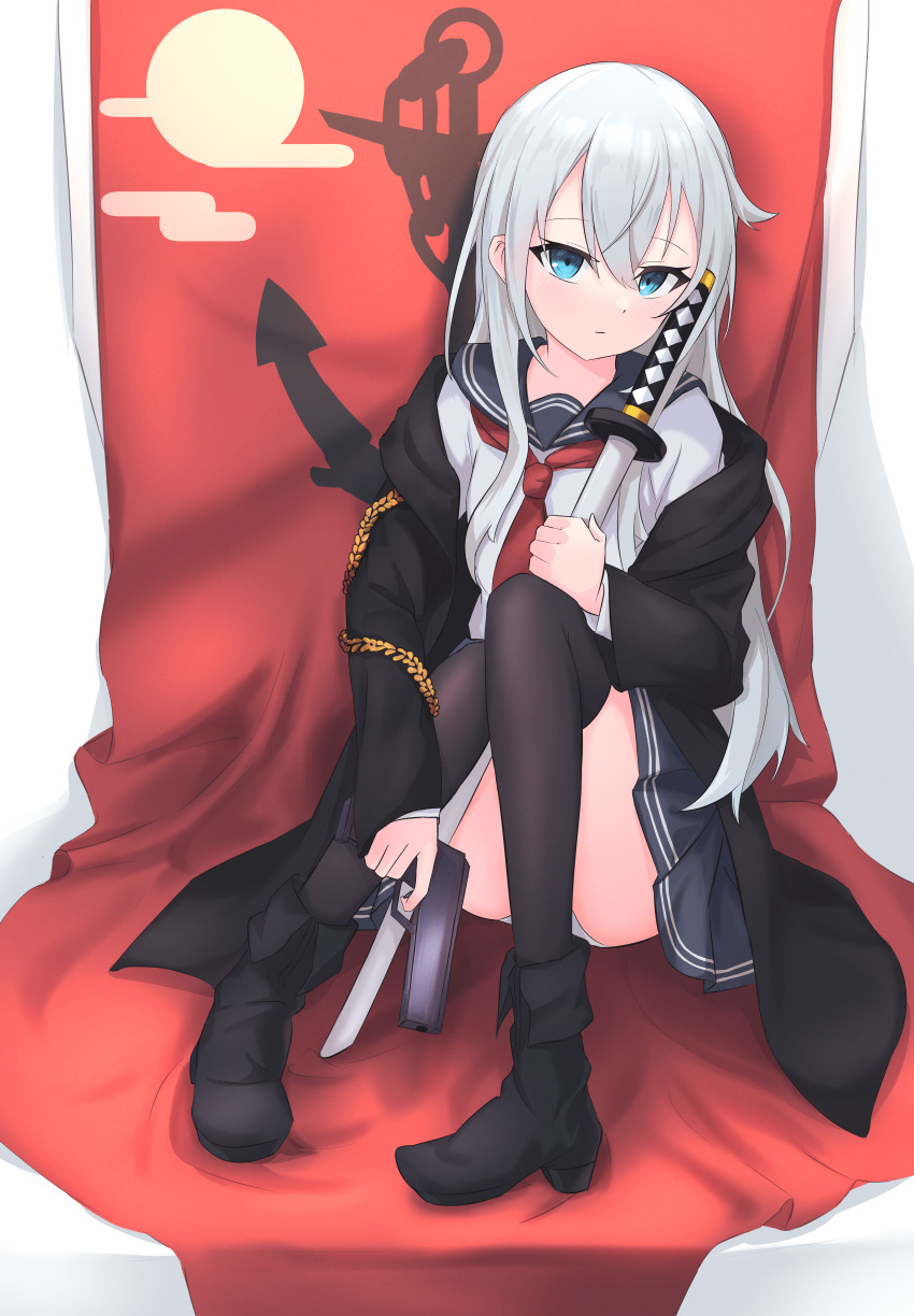 1girl, absurdres, anchor_symbol, black_boots, black_jacket, black_thighhighs, blue_eyes, blue_hair