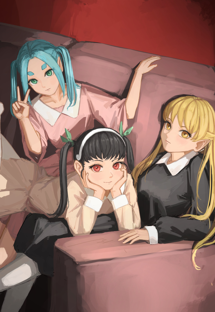 3girls, absurdres, aqua_hair, black_dress, black_hair, blonde_hair, brown_dress, closed_mouth