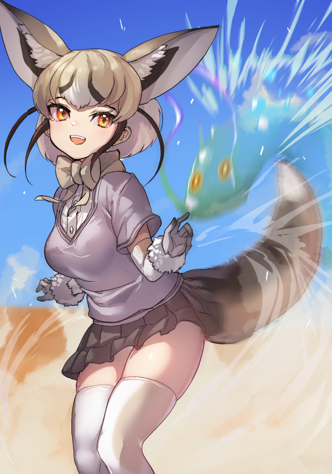 1girl, animal_ears, blonde_hair, bow, bowtie, brown_hair, brown_skirt, cellien_(kemono_friends)