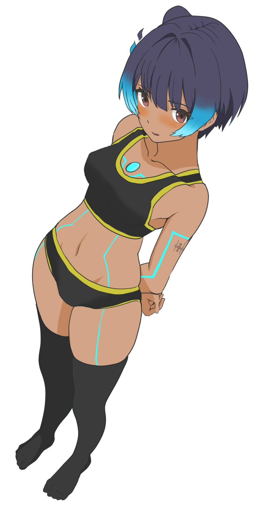 1girl, absurdres, bare_shoulders, black_panties, black_sports_bra, black_thighhighs, blue_hair, brown_eyes, chest_jewel, crop_top, dark_skin, fiery_hair, full_body, glowing_lines, highres, karian909, looking_at_viewer, midriff, navel, panties, sena_(xenoblade), sports_bra, thighhighs, underwear, xenoblade_chronicles_(series), xenoblade_chronicles_3