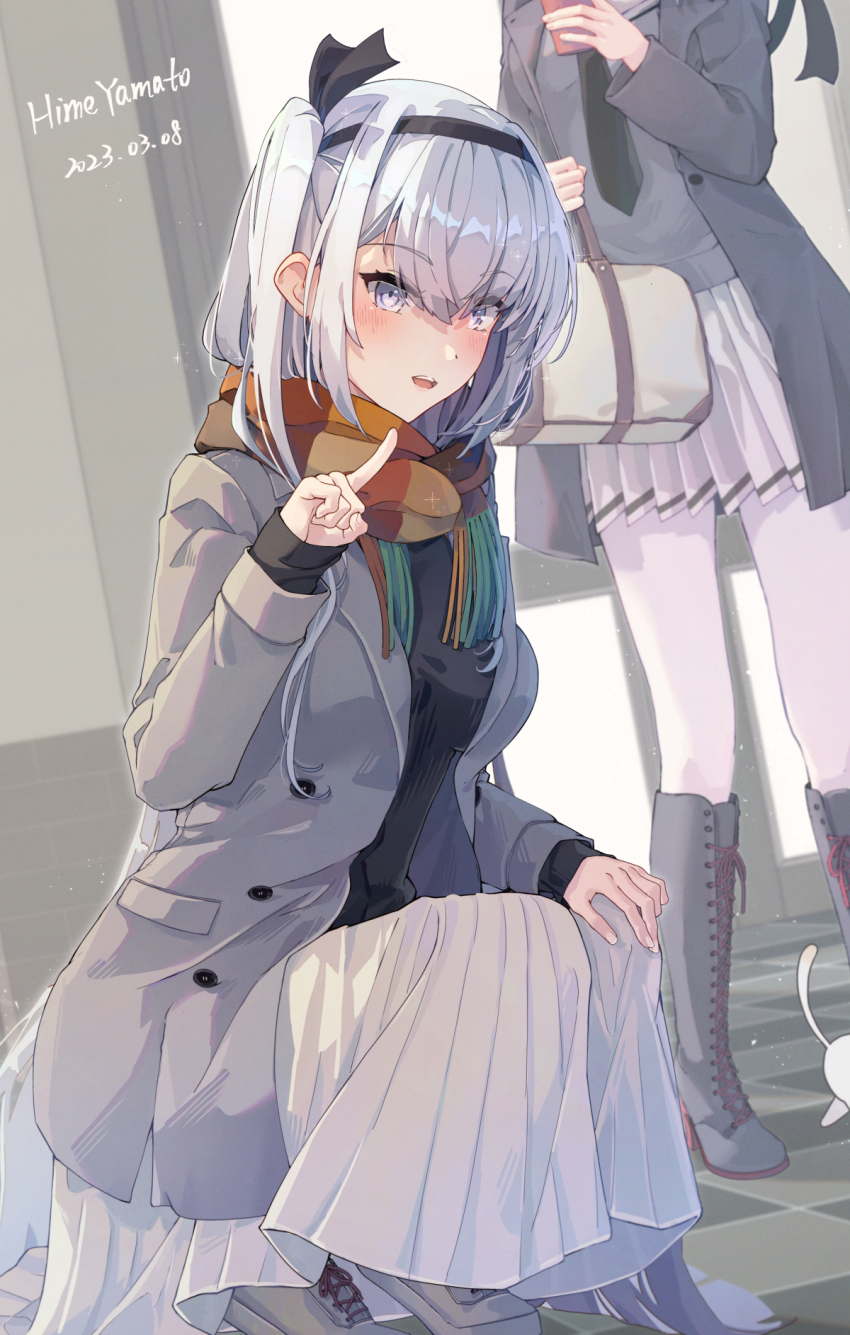 2girls, artist_name, blush, boots, coat, dated, fringe_trim, fuyutsuki_(kancolle)